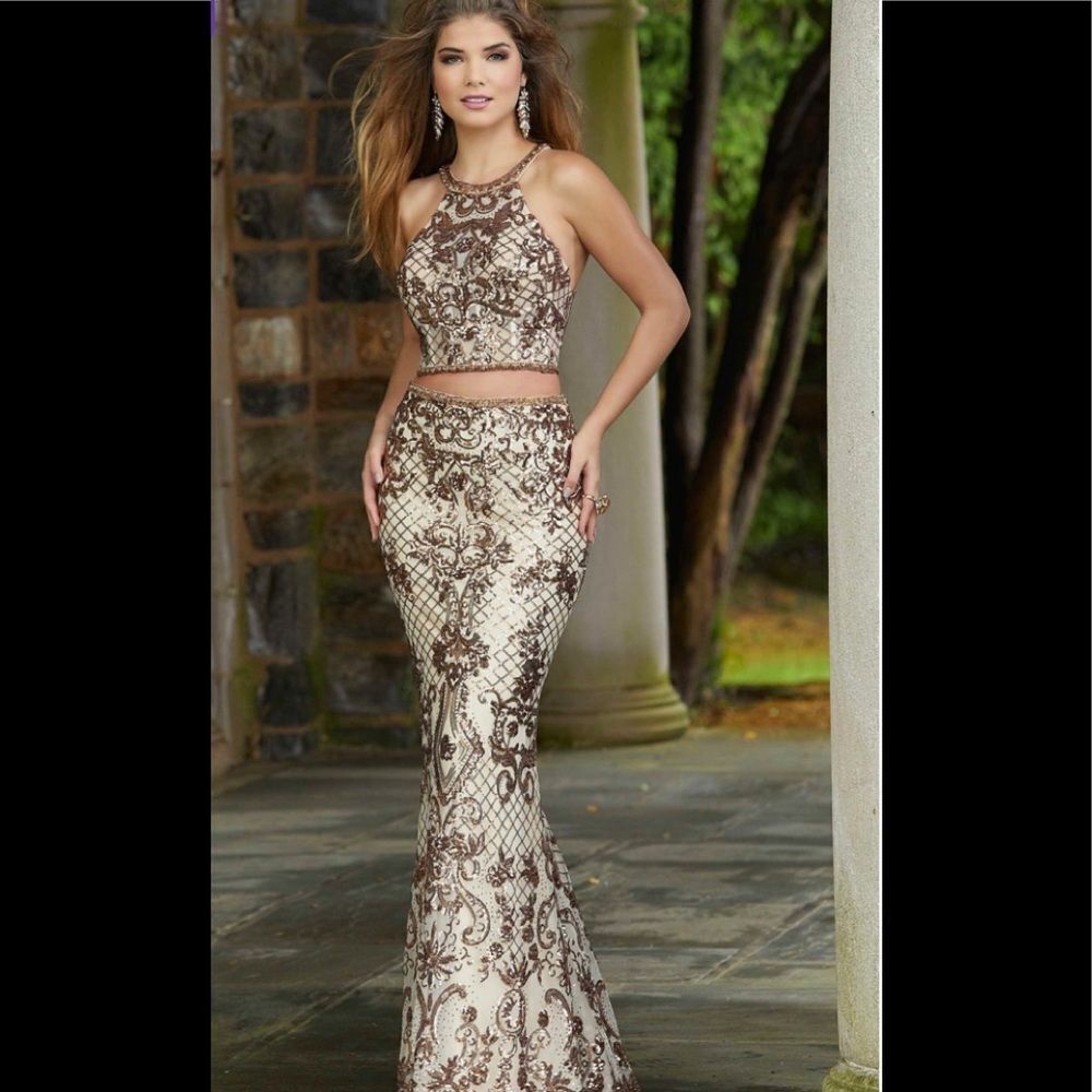 NEW MORILEE  Style# 45038 gold two pieces sequins gown maxi dress 0